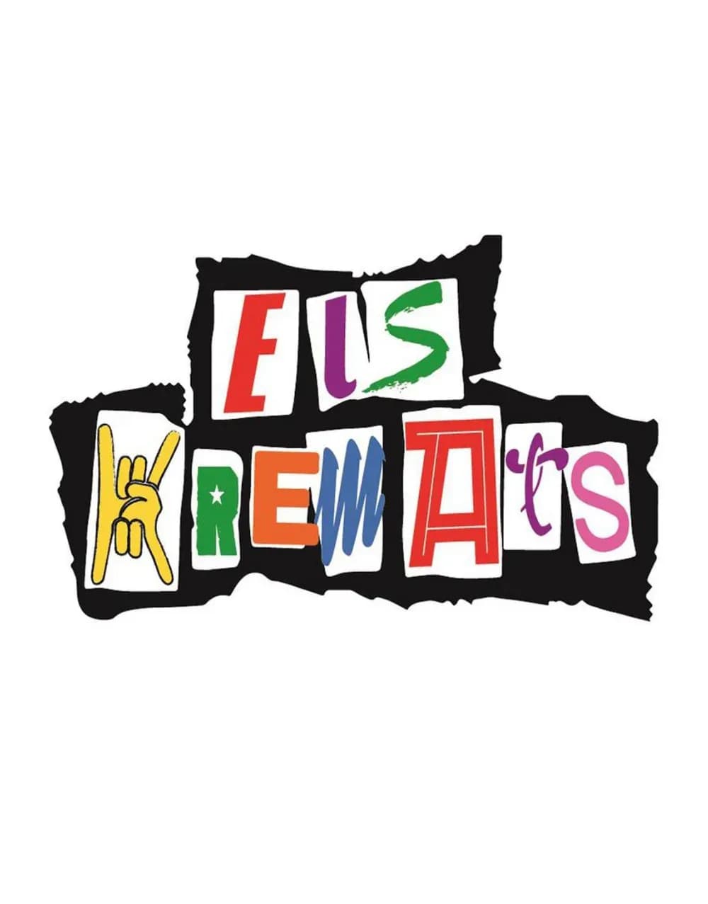 Logotipo de Els Kremats en tipografía recortada multicolor con icono de mano en cuerno de rock sobre fondo blanco