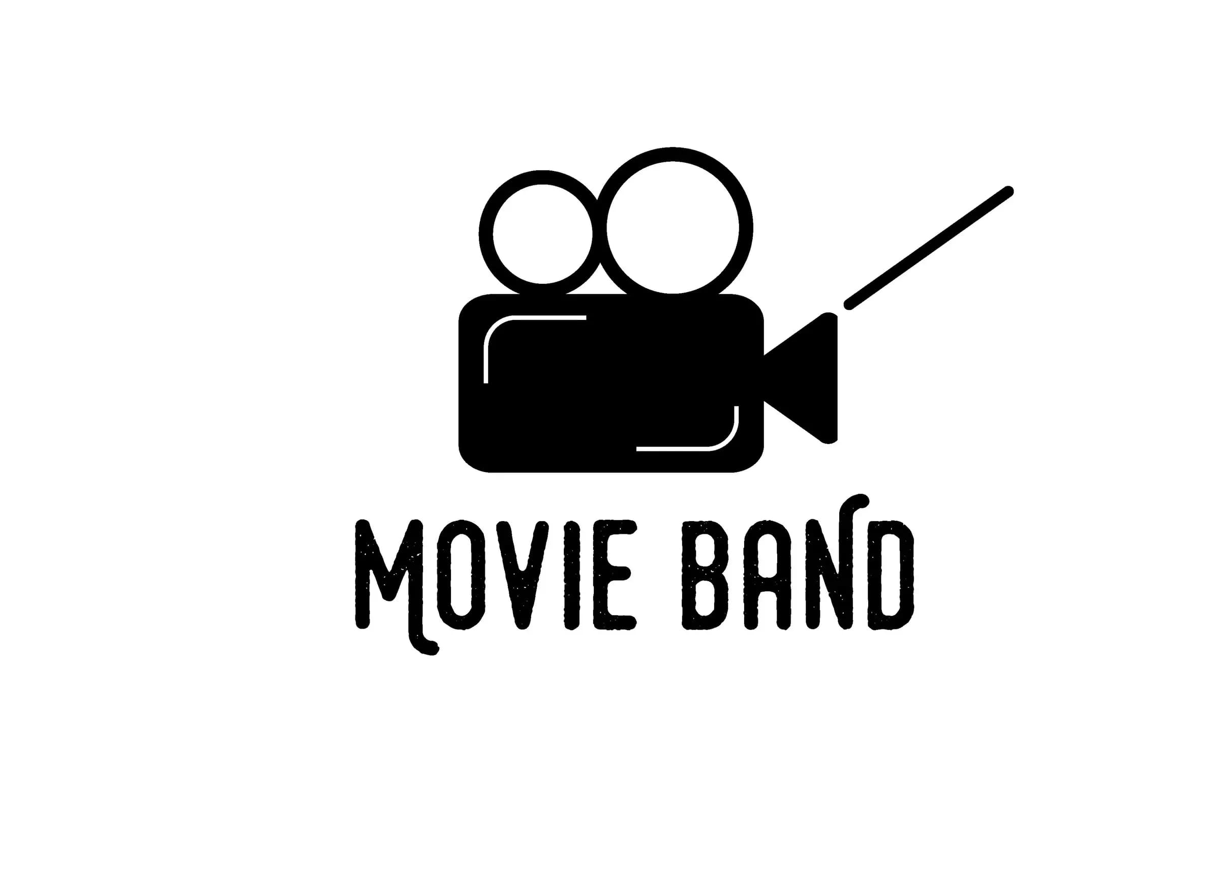 Logotipo Movie Band con icono de camara de cine antigua sobre fondo blanco y tipografia negra