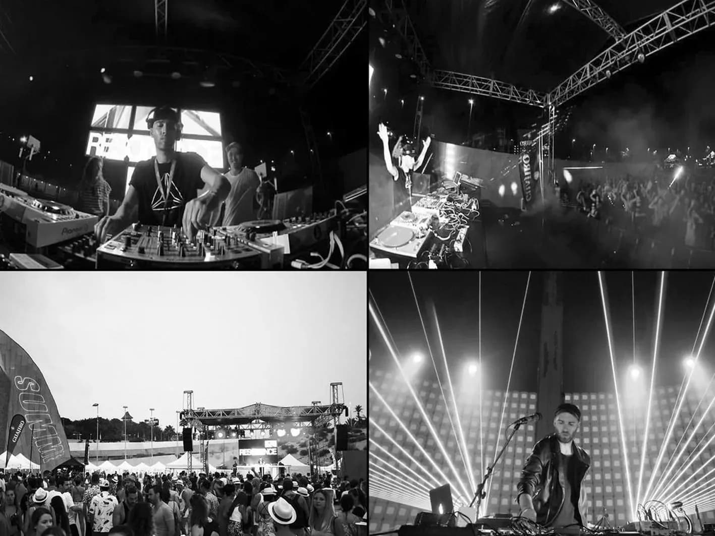 Mosaico en blanco y negro con Resonance pinchando en cabina, multitud al sol, escenario en festival y rayos de luz